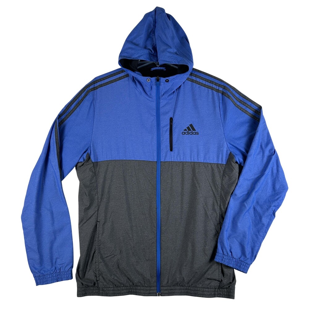 Adidas Jacket Mens Medium Blue Gray Hooded 3 Stripes Windbreaker Zip Up Athletic